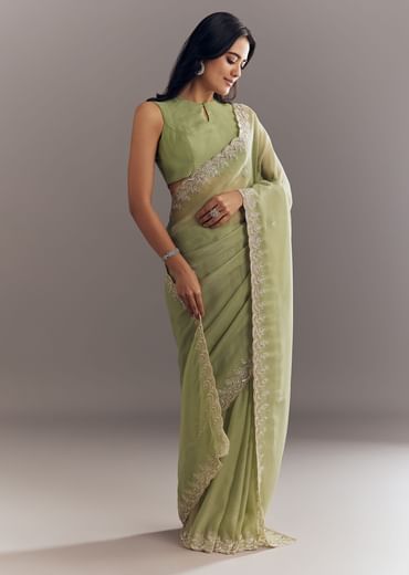 Pista Green Tissue Saree With Leaf Motif Embroidery In Sequins And Cutdana