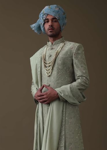 Pista Green Sherwani Set In Raw Silk With Cut Dana And Thread Embroidery