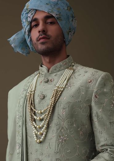 Pista Green Sherwani Set In Raw Silk With Cut Dana And Thread Embroidery