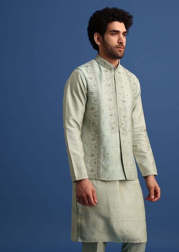 Pista Green Cotton Silk Kurta Jacket Set With Resham And Mirror Work