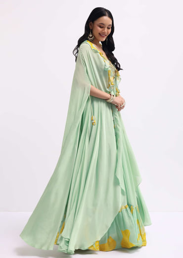 Pista Green Embroidered Silk Lehenga Set With Cape