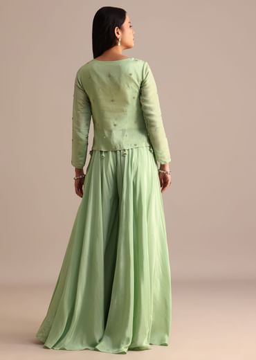Embrace elegance with our Green Embroidered Tissue Crop Top And Palazzo Suit