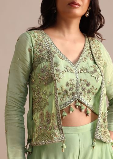Embrace elegance with our Green Embroidered Tissue Crop Top And Palazzo Suit