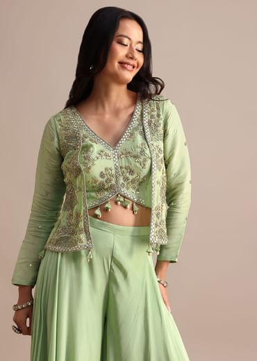 Embrace elegance with our Green Embroidered Tissue Crop Top And Palazzo Suit