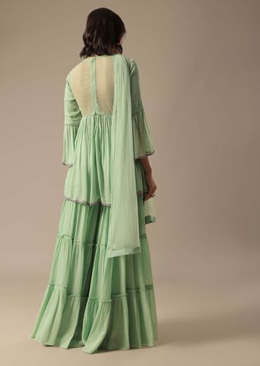 Pista Green Georgette Sharara Set With Peplum Top And Dupatta