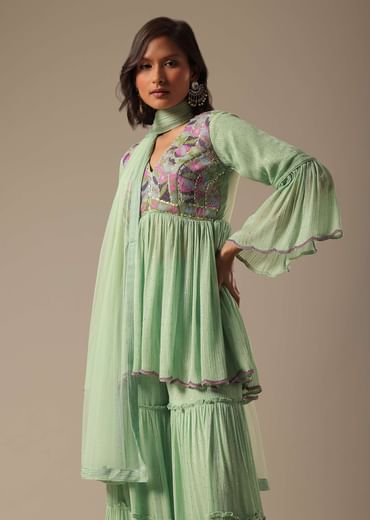 Pista Green Georgette Sharara Set With Peplum Top And Dupatta