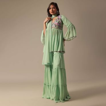 Pista Green Georgette Sharara Set With Peplum Top And Dupatta