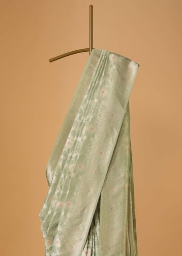 Pista Green Handloom Banarasi Saree In Katan Silk With Meenakari Weave And Unstitched Blouse