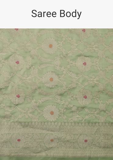 Pista Green Handloom Banarasi Saree In Katan Silk With Meenakari Weave And Unstitched Blouse