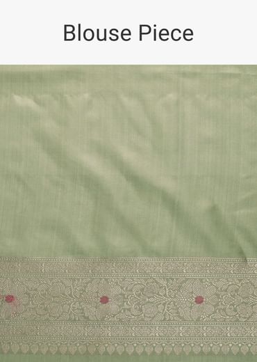 Pista Green Handloom Banarasi Saree In Katan Silk With Meenakari Weave And Unstitched Blouse