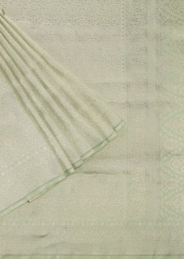 Pista Green Handloom Banarasi Saree In Uppada Silk With Brocade Weave And Unstitched Blouse