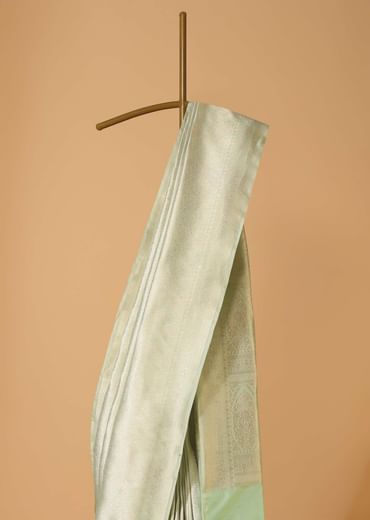 Pista Green Handloom Banarasi Saree In Uppada Silk With Brocade Weave And Unstitched Blouse