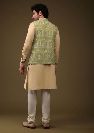 Pista Green Jacket Kurta Set In Art Silk With Threadwork