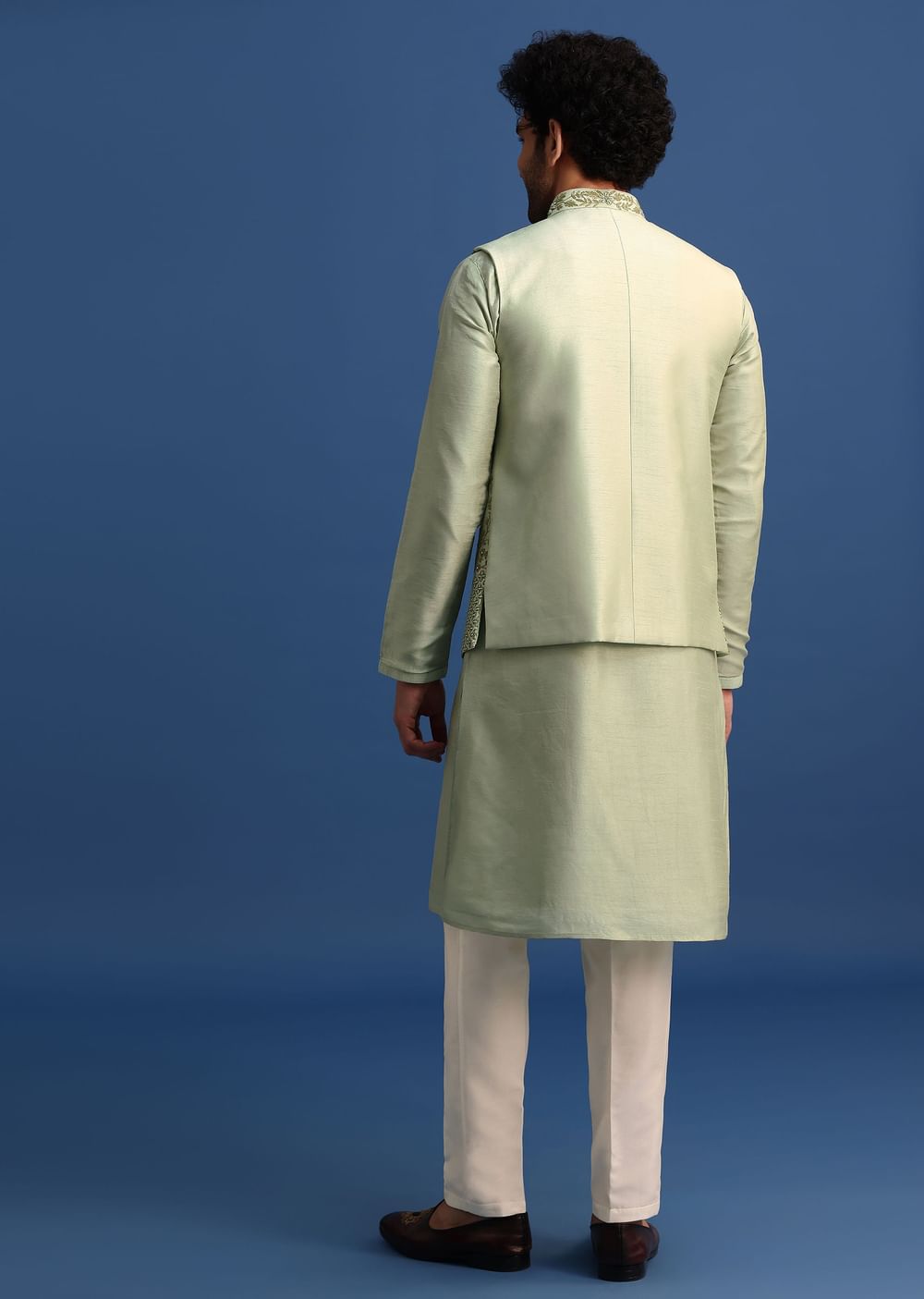Pista Green Kurta Jacket Set With Resham Work For Men