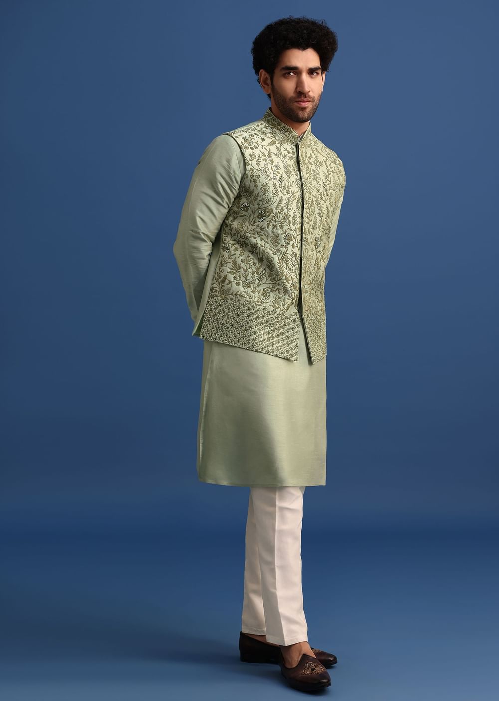 Pista Green Kurta Jacket Set With Resham Work For Men