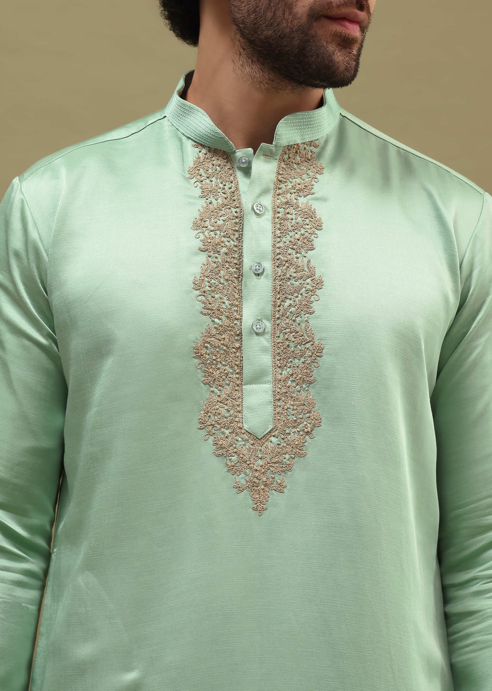 Pista Green Kurta Set In Resham Work With Dupatta For Men