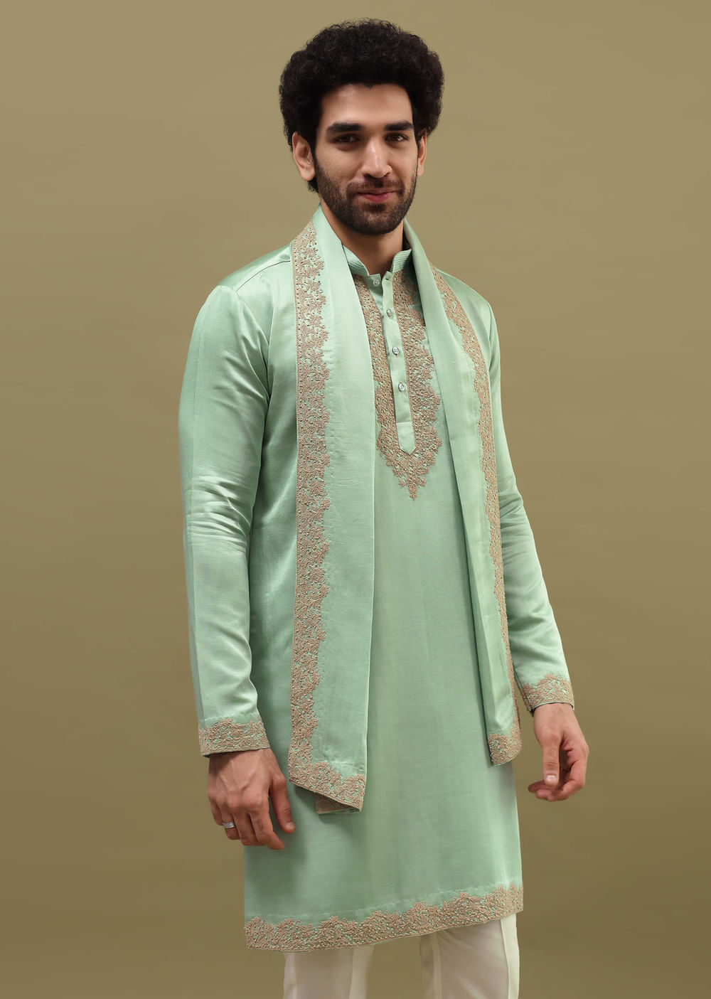 Pista Green Kurta Set In Resham Work With Dupatta For Men