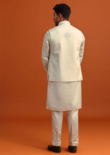 Pista Green Linen Satin Mirror Work Jacket Kurta Set