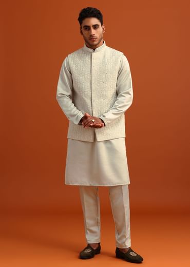 Pista Green Linen Satin Mirror Work Jacket Kurta Set