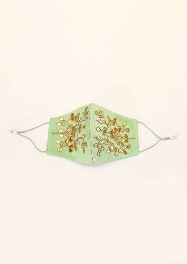 Pista Green Mask In Raw Silk With Gotta Patti And Zardosi Embroidered Floral Design