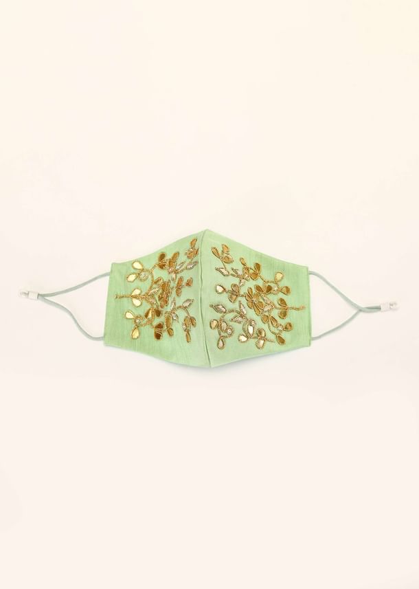 Pista Green Mask In Raw Silk With Gotta Patti And Zardosi Embroidered Floral Design Pista Green Mask In Raw Silk With Gotta Patti And Zardosi Embroidered Floral Design