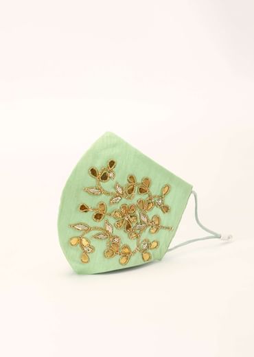 Pista Green Mask In Raw Silk With Gotta Patti And Zardosi Embroidered Floral Design