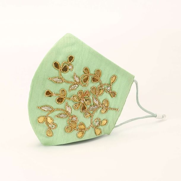 Pista Green Mask In Raw Silk With Gotta Patti And Zardosi Embroidered Floral Design Pista Green Mask In Raw Silk With Gotta Patti And Zardosi Embroidered Floral Design