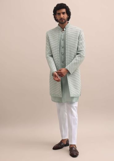 Pista Green Moti Embroidered Indowestern For Men