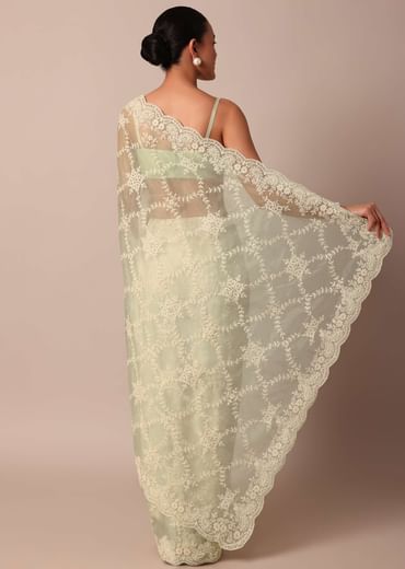 Pista Green Organza Silk Chikankari Saree With Floral Thread Jaal Work And Unstitched Blouse Fabric
