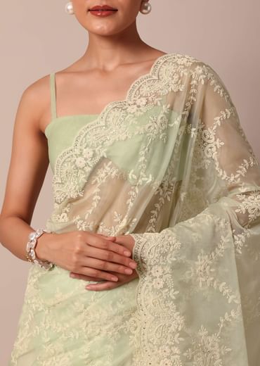 Pista Green Organza Silk Chikankari Saree With Floral Thread Jaal Work And Unstitched Blouse Fabric