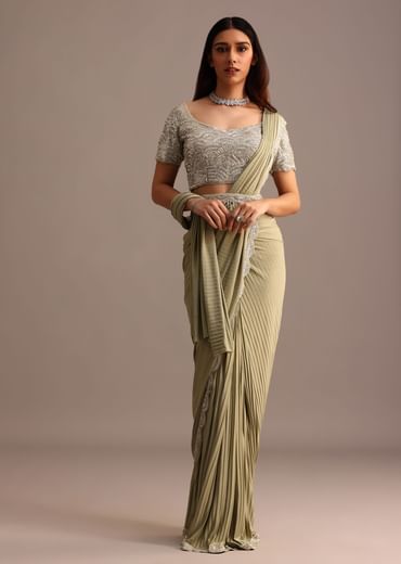 Pista Green Pre Draped Saree With Embroidered Blouse And Belt