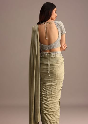 Pista Green Pre Draped Saree With Embroidered Blouse And Belt