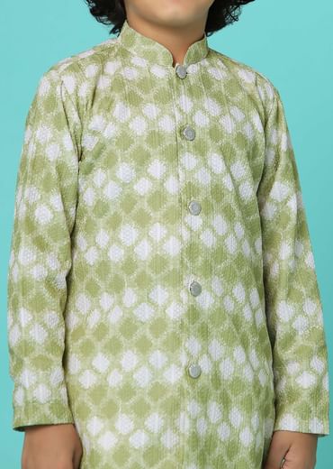 Pista Green Printed Silk Kurta And Pant Set