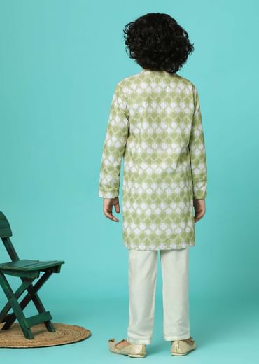 Pista Green Printed Silk Kurta And Pant Set