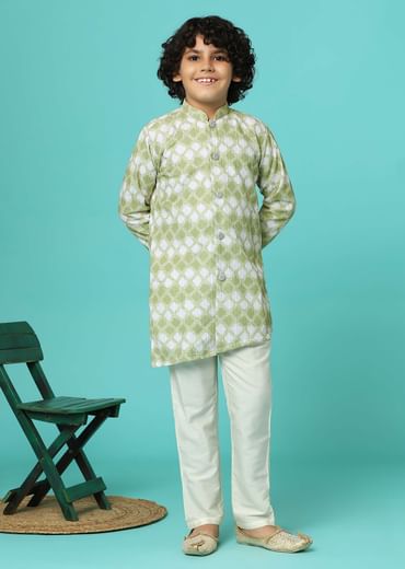 Pista Green Printed Silk Kurta And Pant Set