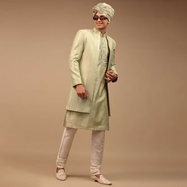 Pista Green Sherwani With Intricate Resham And Mirror Work