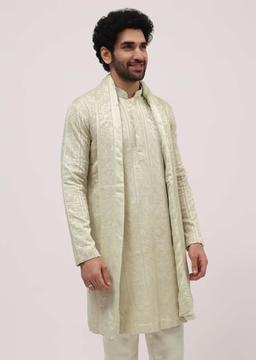 Pista Green Silk Kurta Set In Resham Work With Dupatta For Men