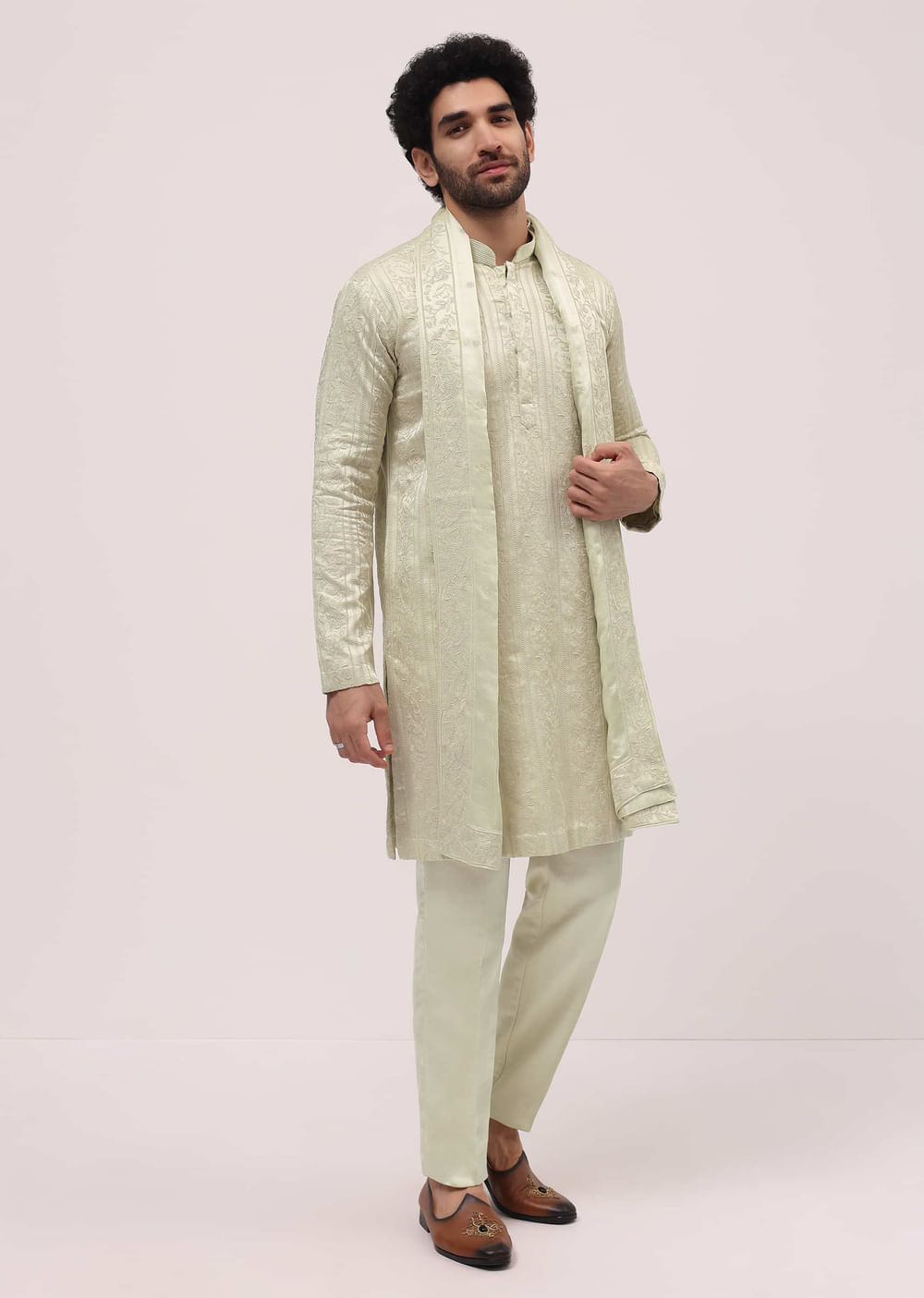 Pista Green Silk Kurta Set In Resham Work With Dupatta For Men