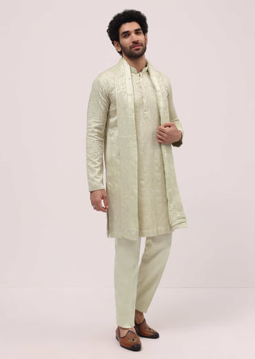 Pista Green Silk Kurta Set In Resham Work With Dupatta For Men