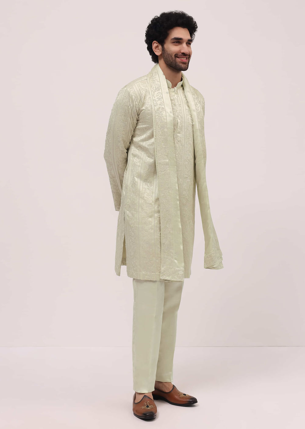 Pista Green Silk Kurta Set In Resham Work With Dupatta For Men