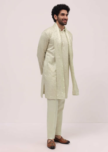 Pista Green Silk Kurta Set In Resham Work With Dupatta For Men
