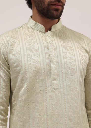 Pista Green Silk Kurta Set In Resham Work With Dupatta For Men