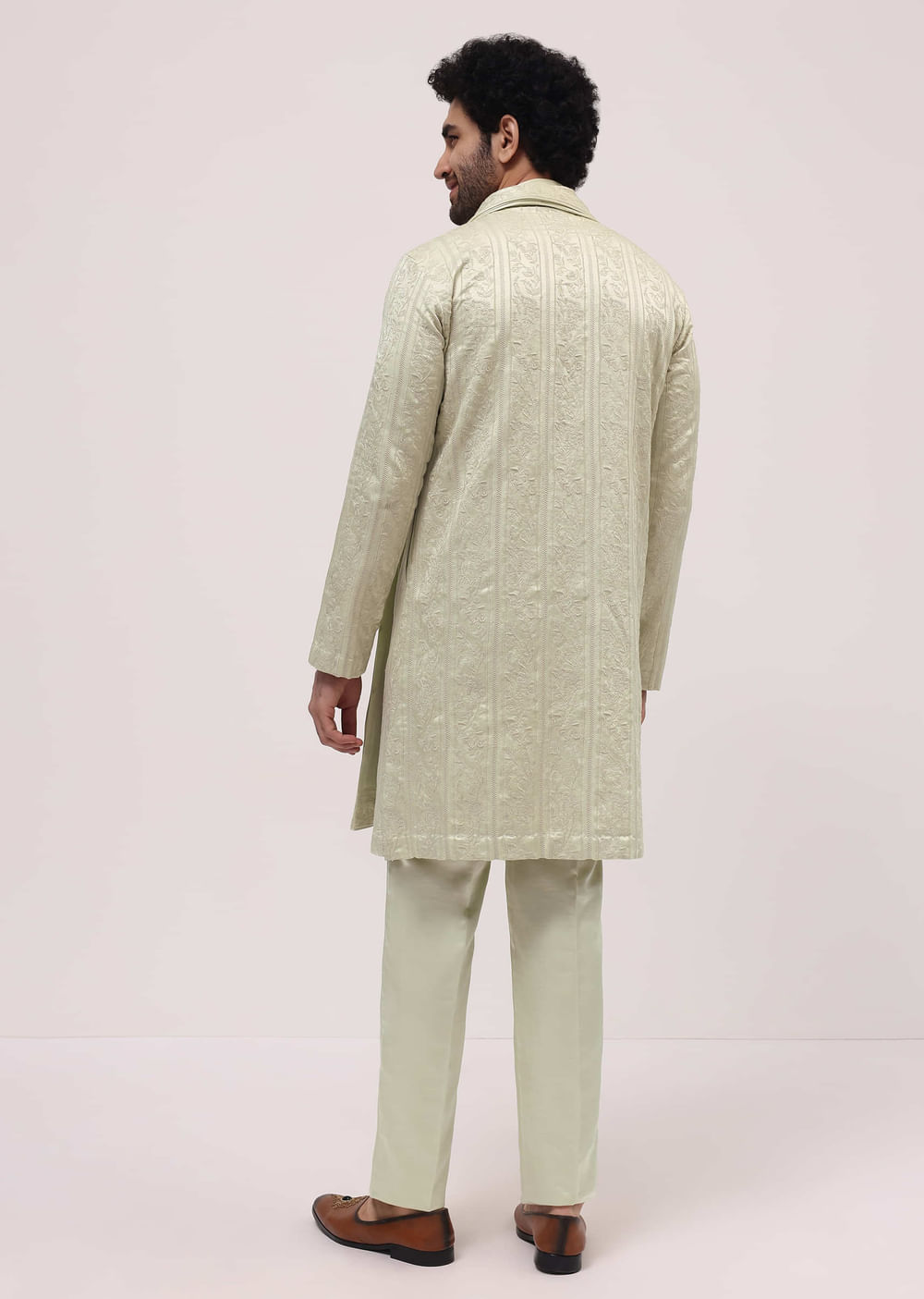 Pista Green Silk Kurta Set In Resham Work With Dupatta For Men