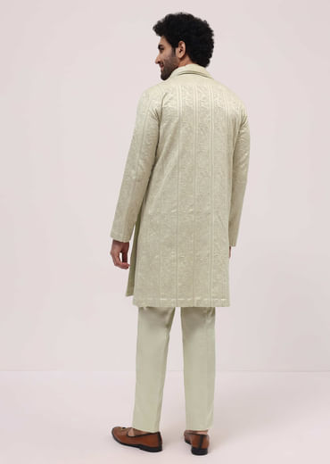 Pista Green Silk Kurta Set In Resham Work With Dupatta For Men