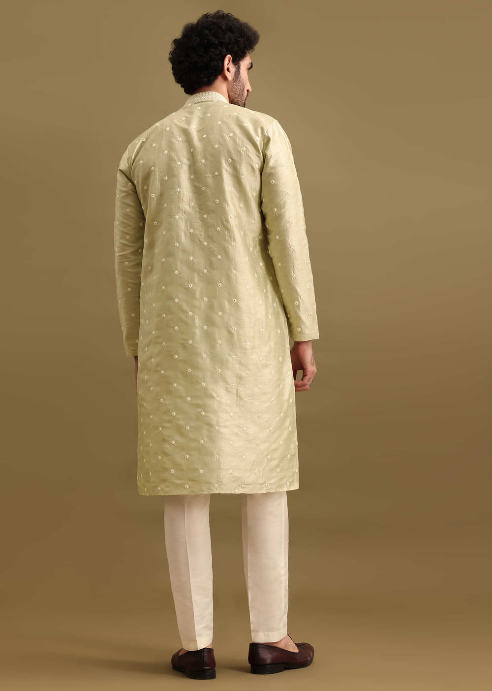 Pista Green Silk Kurta Set With Resham Work For Men