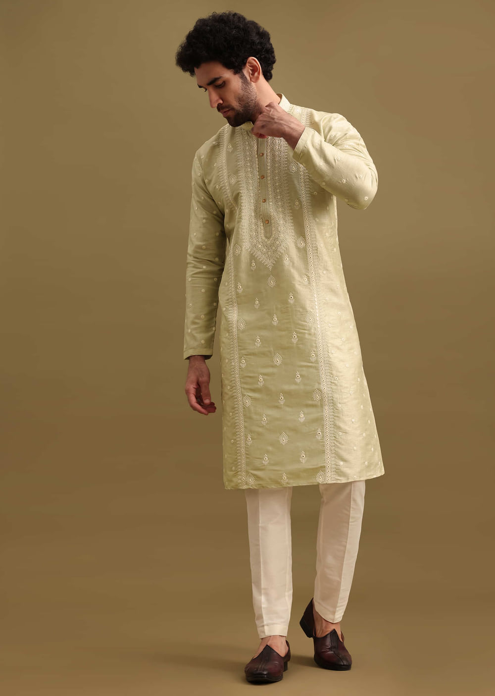 Pista Green Silk Kurta Set With Resham Work For Men