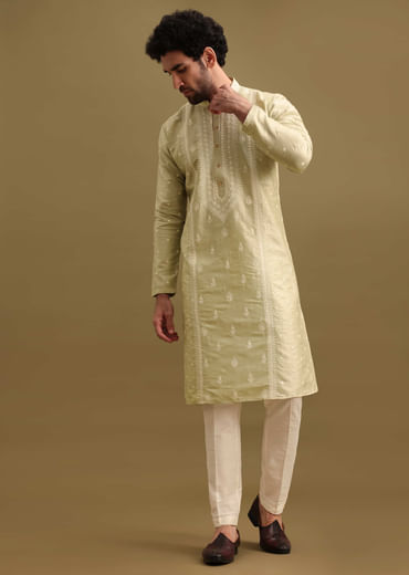 Pista Green Silk Kurta Set With Resham Work For Men