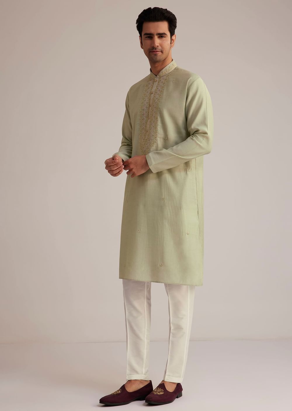 Pista Green Silk Kurta Set With Thread Embroidery