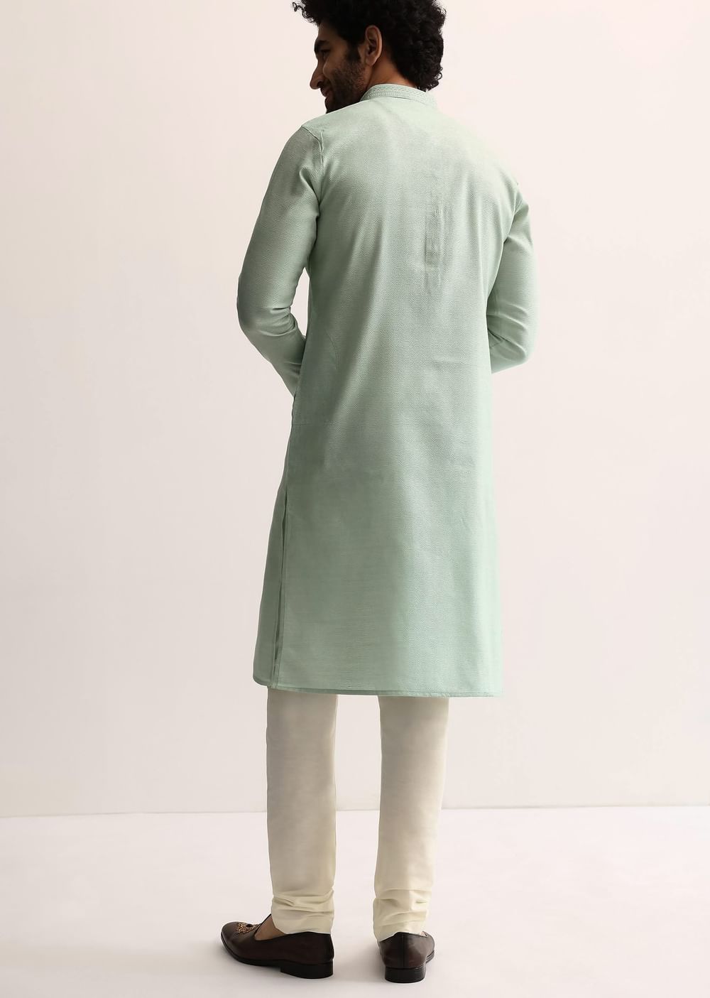 Pista Green Silk Self Work Kurta Set For Men