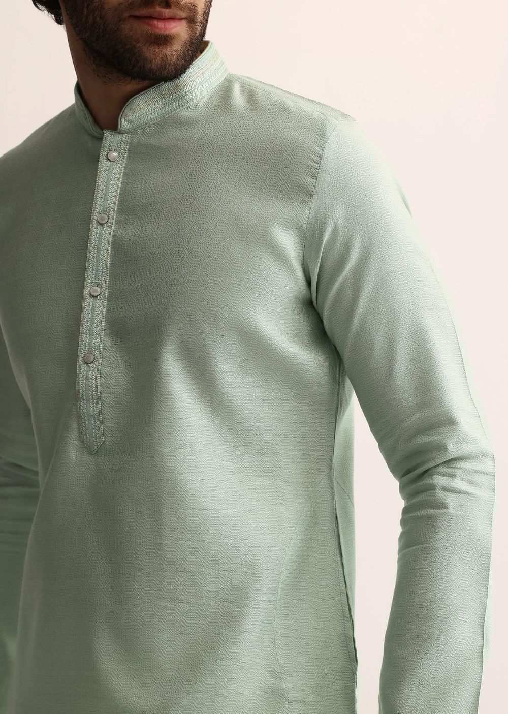 Pista Green Silk Self Work Kurta Set For Men